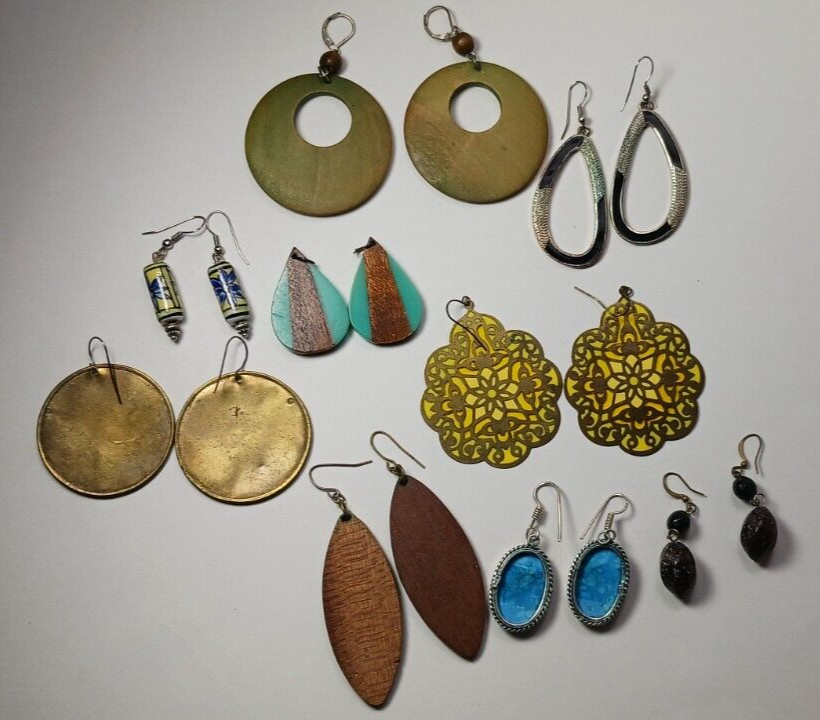 Lot of 8 Pairs Earrings + Crafts Vintage Pierced Wire Hooks Boho Wood Ceramic