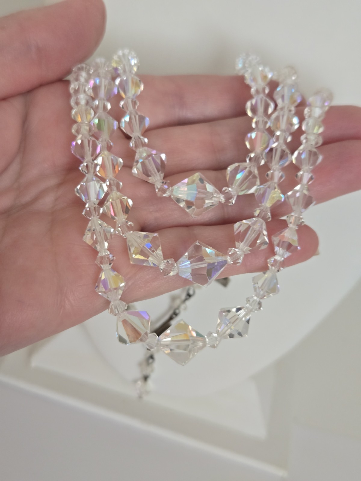 VTG 3 Strand Faceted Bicone Aurora Borealis Crystal Graduated Choker Necklace