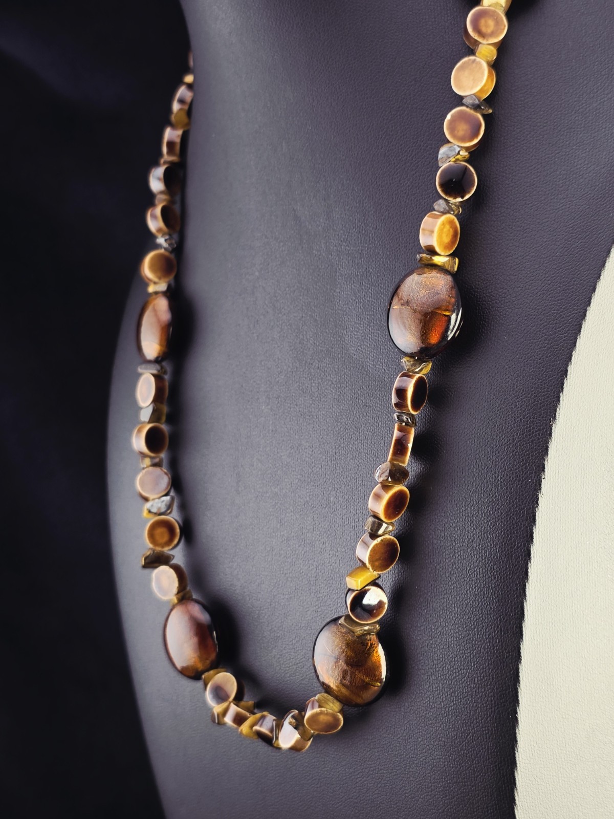 Vintage TIGER’S EYE Glass Goldstone Necklace Chunky BOHO Earthy Statement 21″