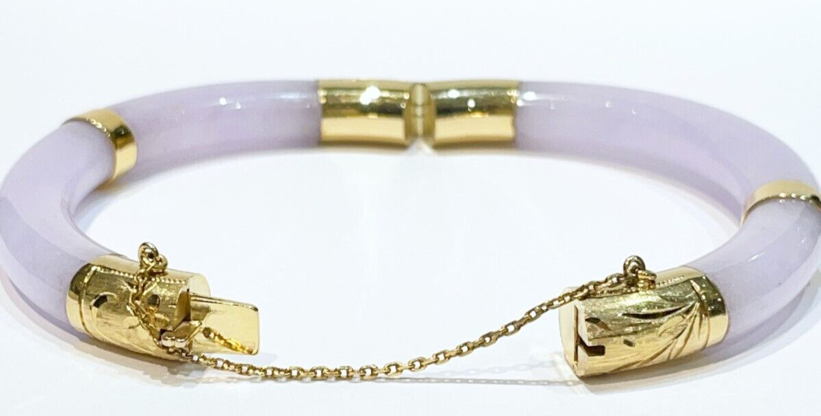 Vintage Lavender Jade Hinged 14k Yellow Gold Bangle Bracelet 8.4 mm 7″ inch
