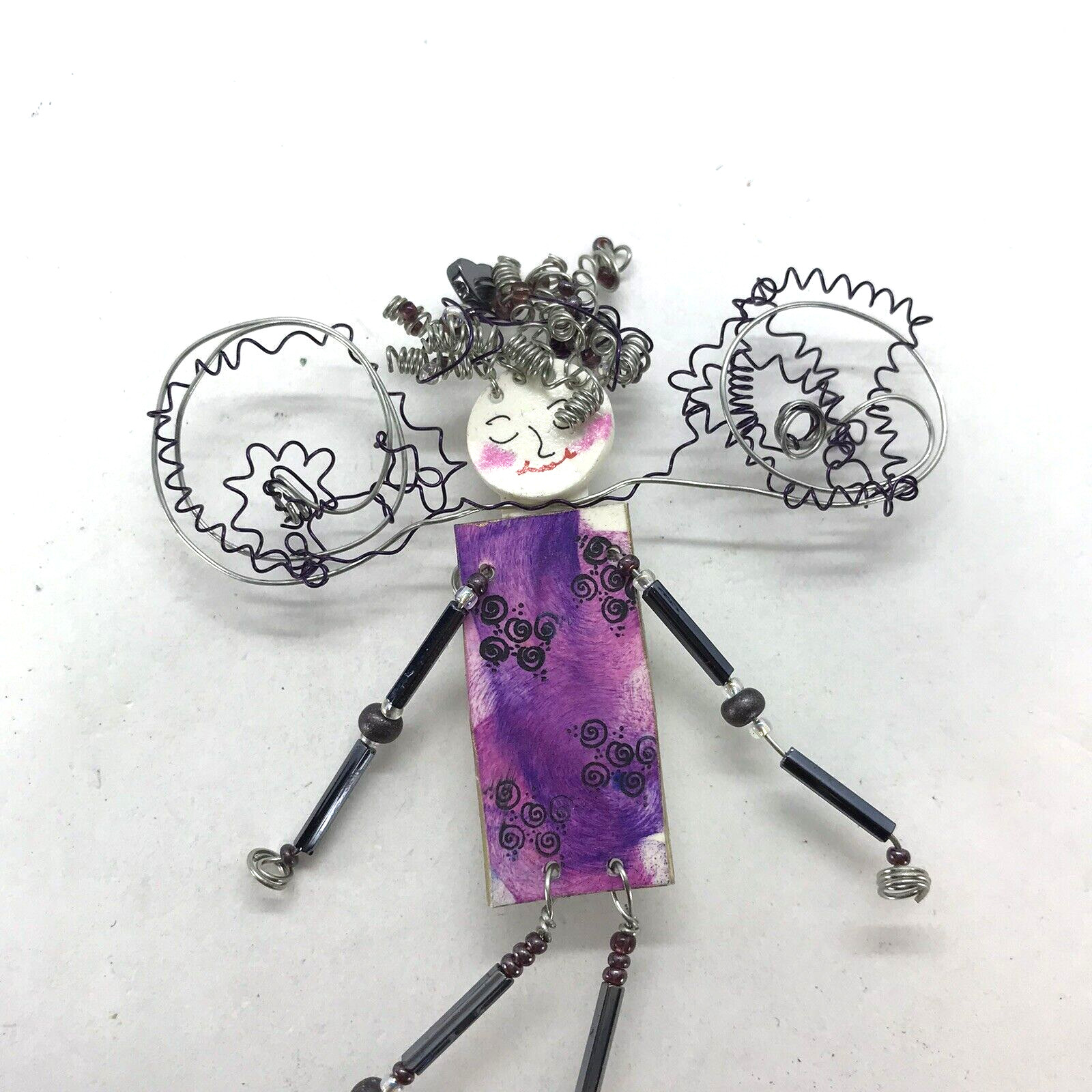Fairy Angel Pin Brooch Handmade Whimsical Mixed Media Wire Dangler legs arms