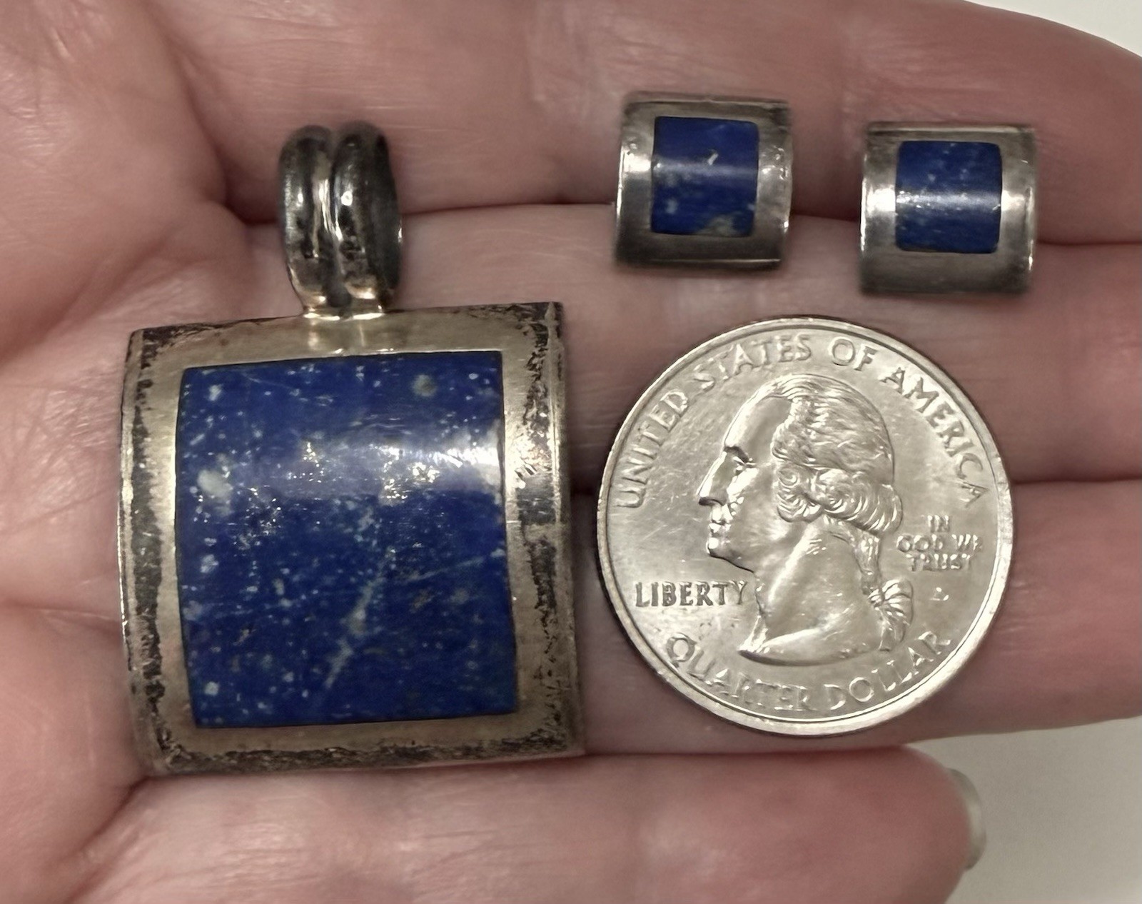 Vintage CHILE 980 Silver Domed Square Lapis Lazuli Pendant Stud Earrings Set 17g