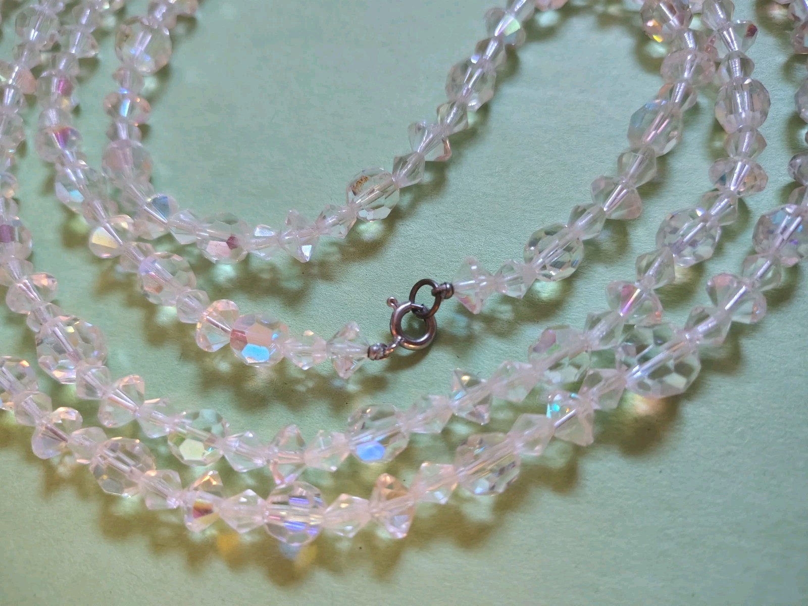Vintage VERY LONG Faceted CLEAR CRYSTALS Beaded Chain Necklace