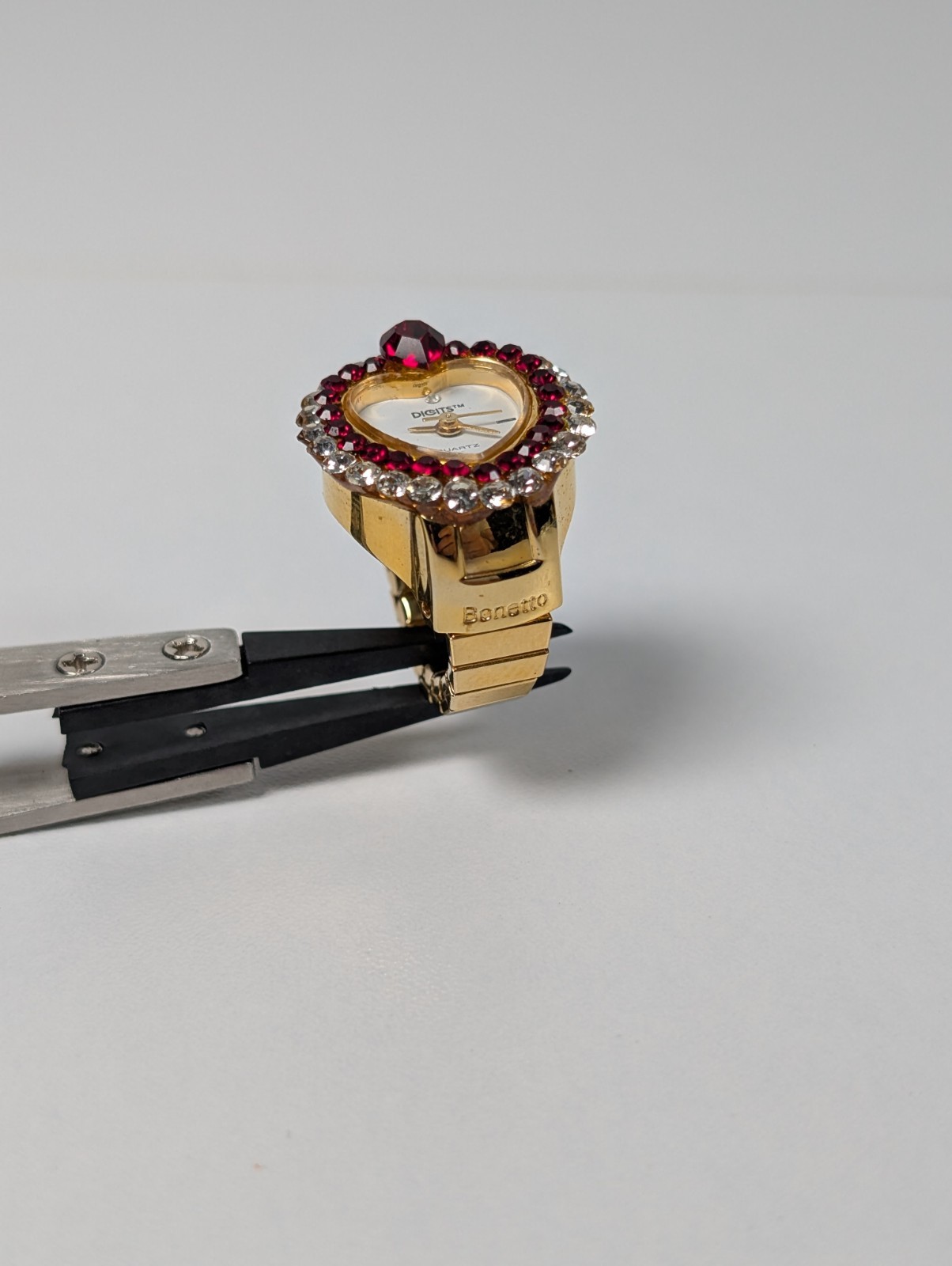 Vtg Digits Bonetto Ring Watch Heart Rhinestone Bezel Gold Tone Expansion Band