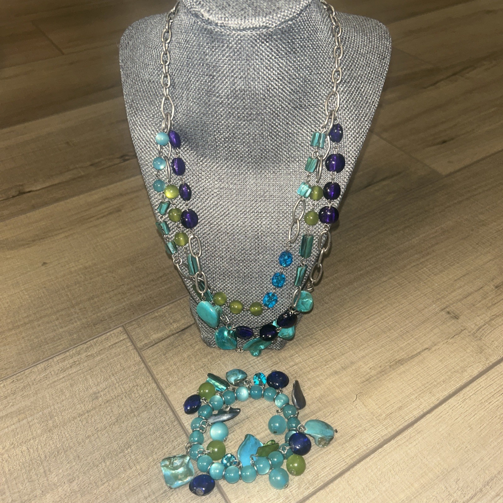 Vintage Seashell Beaded Necklace And Bracelet Aqua Ocean Coastal Cowgirl Layered