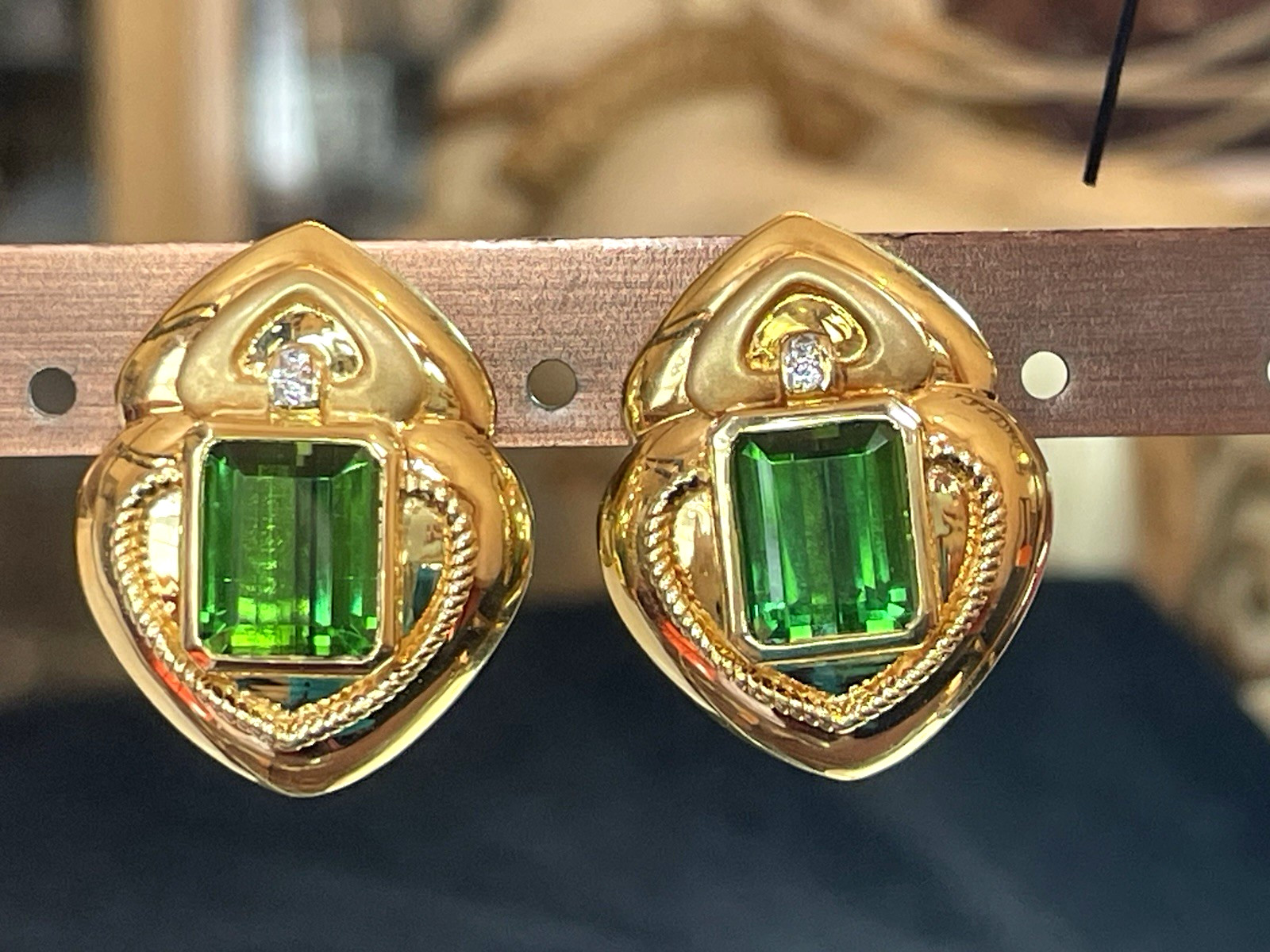 18K GOLD GREEN TOURMALINE & DIAMOND EARRINGS SIGNED OMEGA 23grs APPRAISAL $5,000