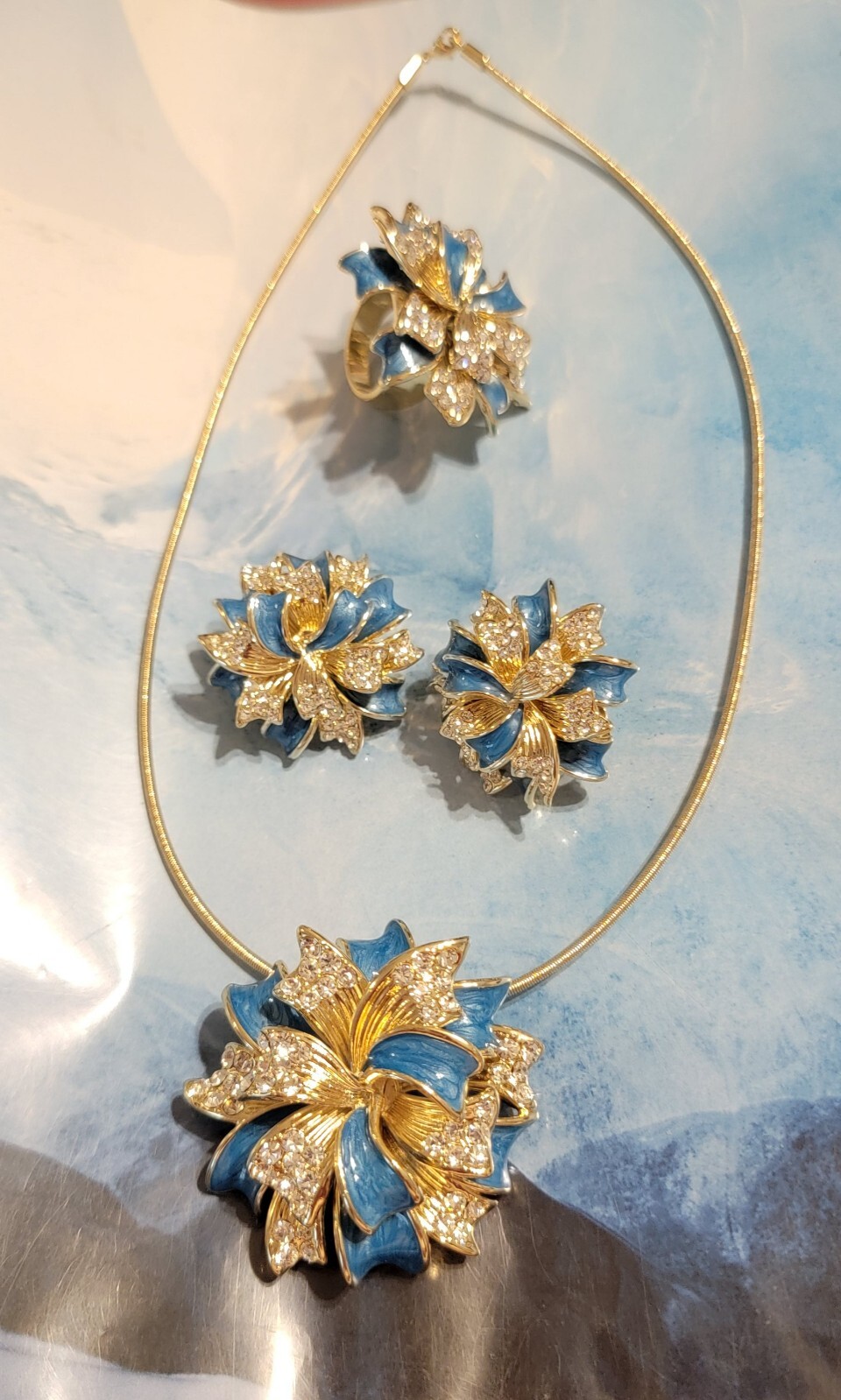 Retired Joan Boyce Flower Necklace Brooch Earrings Ring Jewelry Set, Rare js-