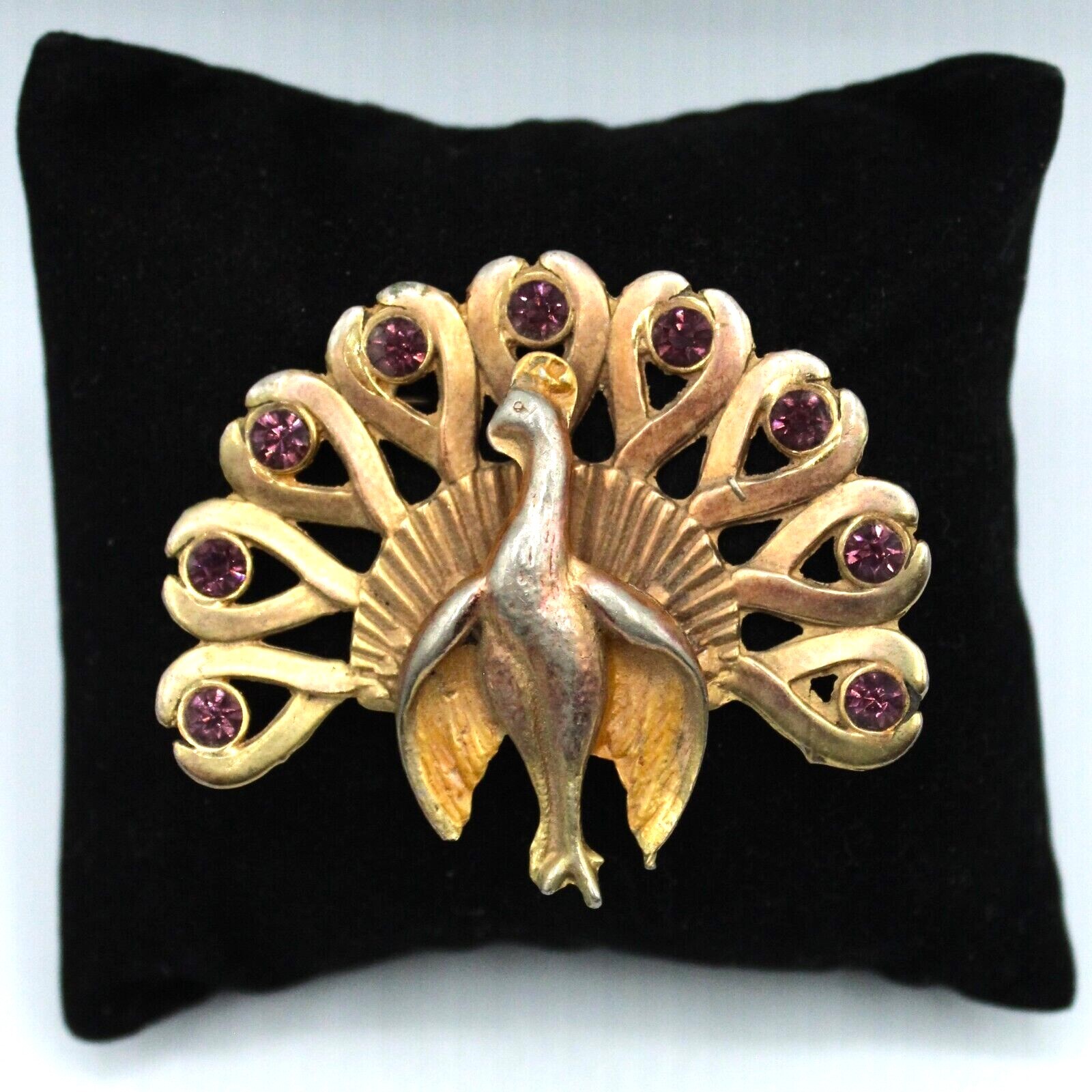 Peacock Brooch Pin w/ Purple Rhinestones Gold Tone 1920s 1930s