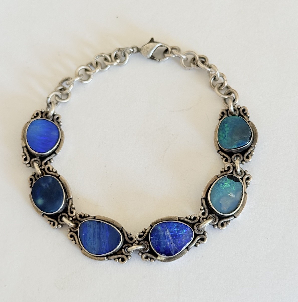 Vintage Sterling Silver Blue Australian Opal Link Bracelet 7”
