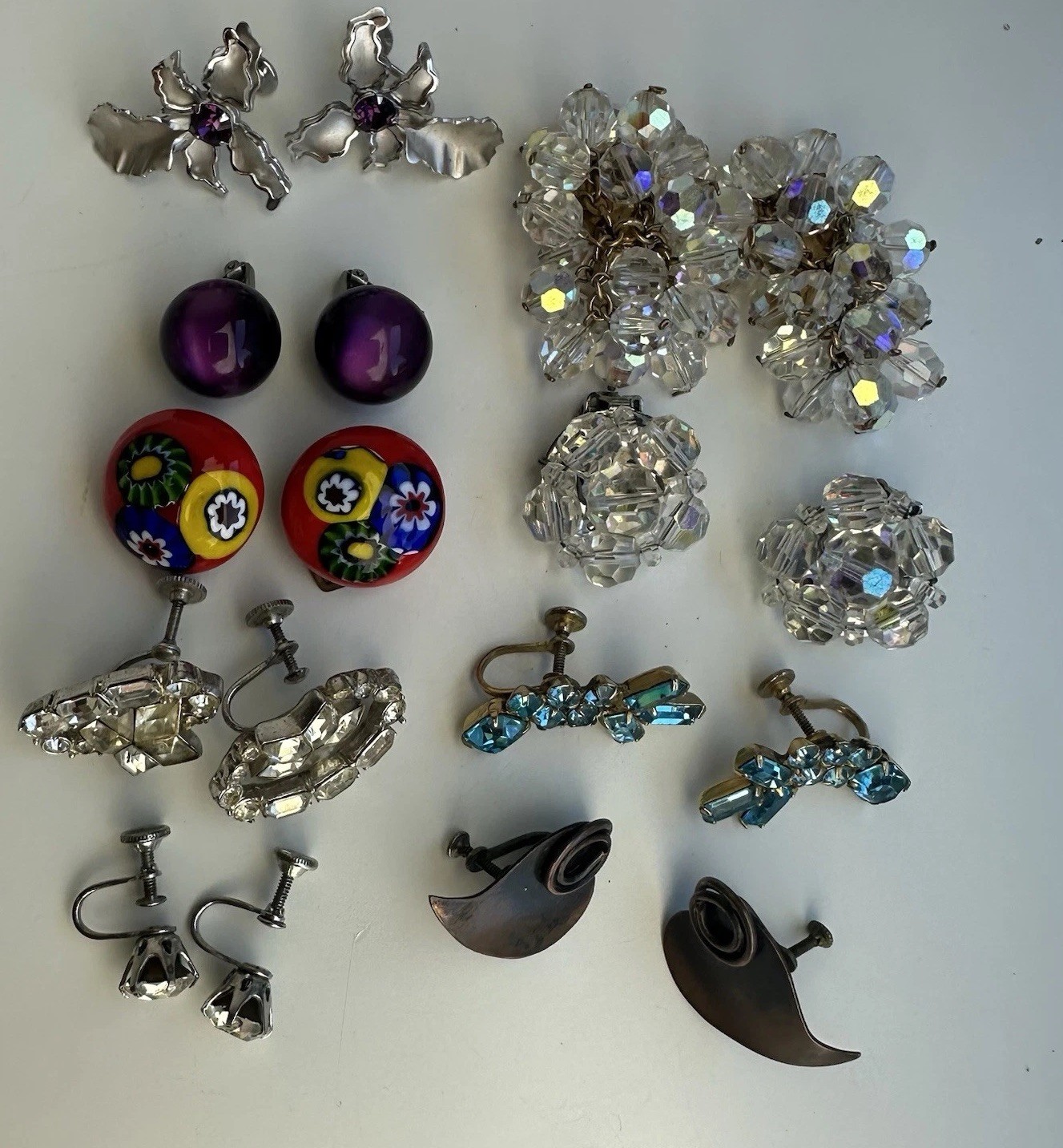 Vintage Clip On Earring Lot Millefiore Hollycraft Star Orchid Moonglow Purple
