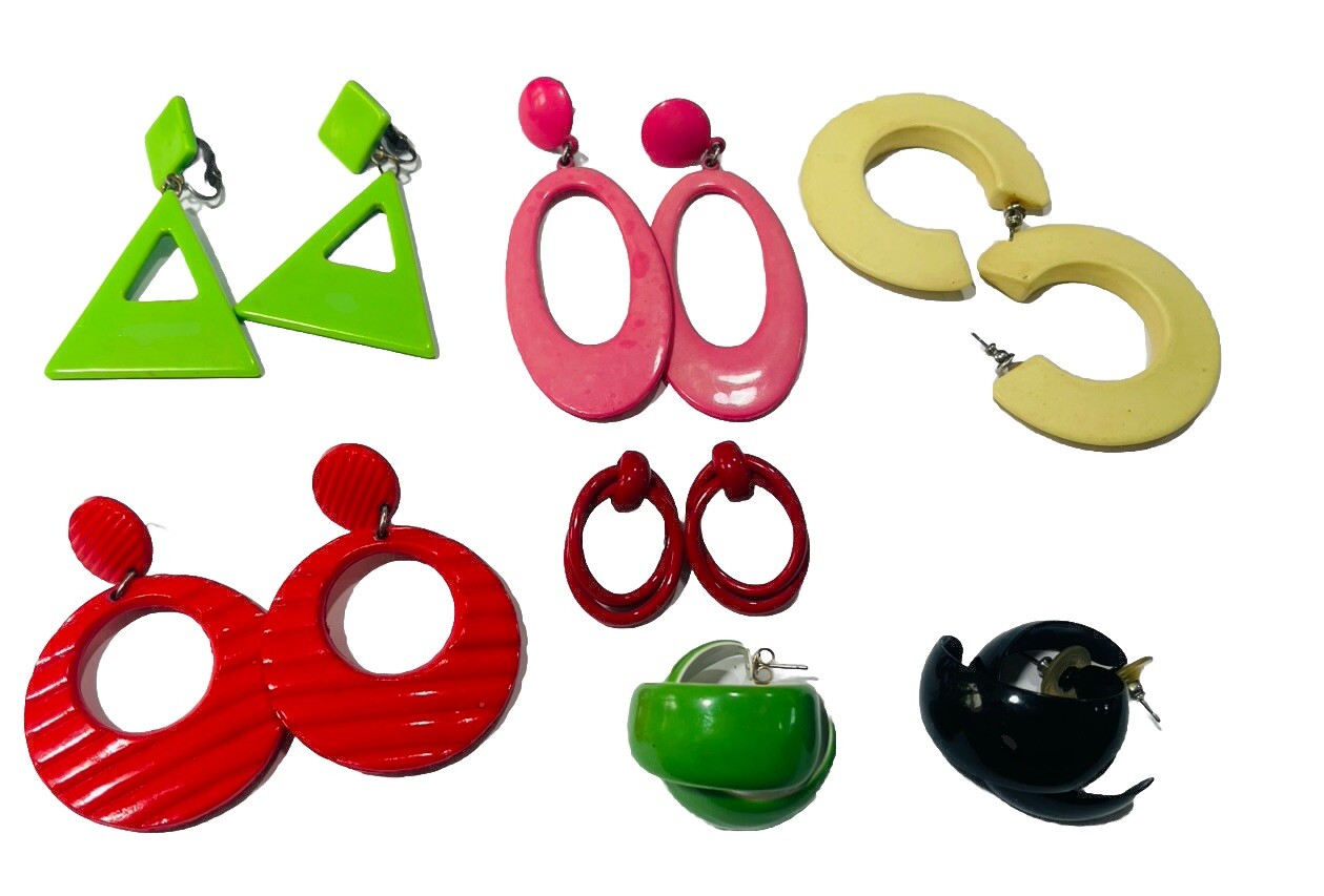 Go Go Retro Earrings Vintage Mix 7 Lot Dangle Hoops Resin Metal Bright Colors