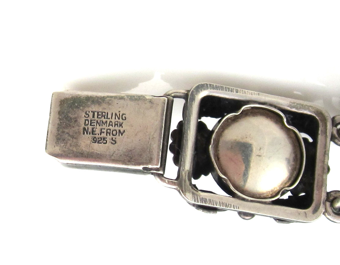 Estate Vintage Sterling Silver Blue Cabachon NIELS ERIK DENMARK Flower Bracelet