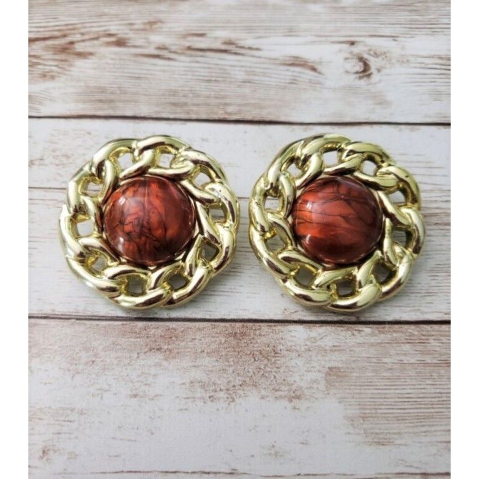 Vintage Clip On Earrings – Gold Tone with Brown Center Large 1 & 5/8″