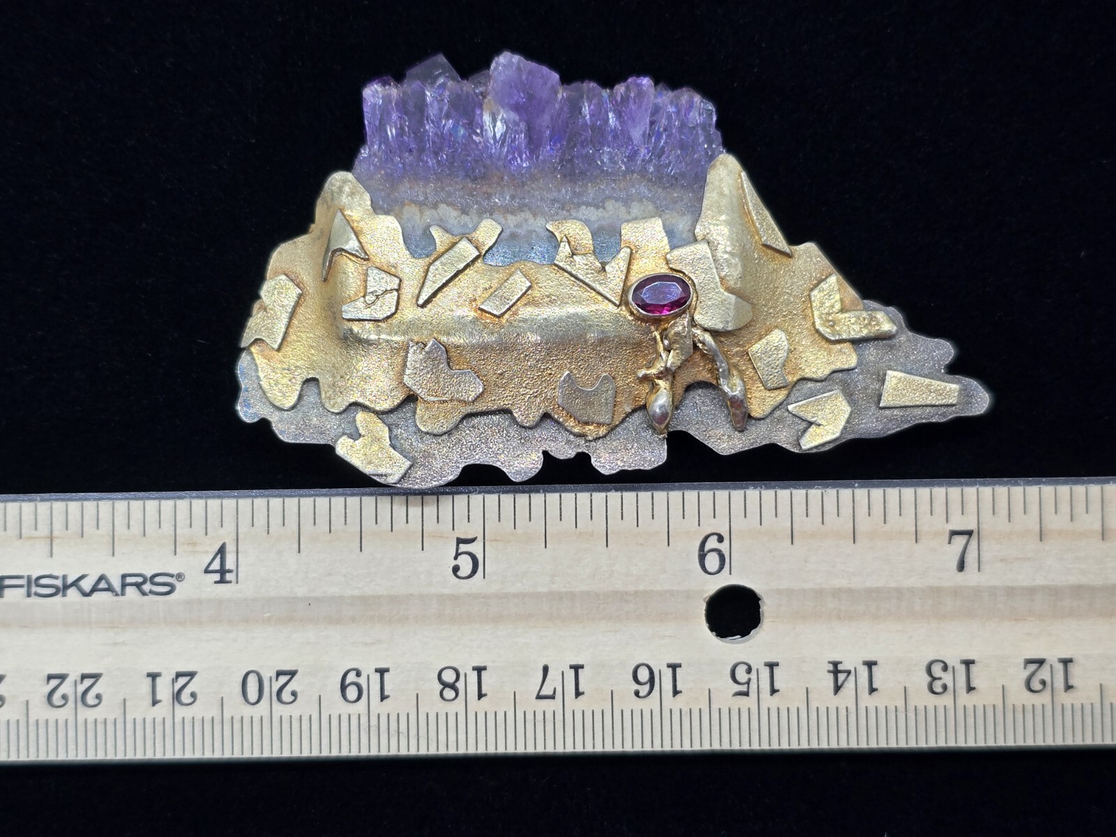 Large Vtg Artisan Sterling Silver Amethyst Geode Gemstone Brooch Pin