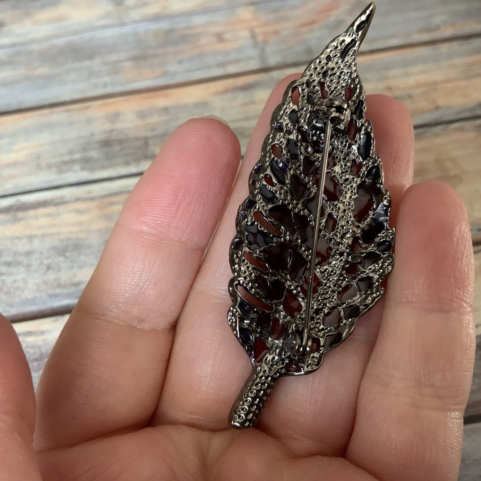 Gunmetal pink purple rhinestone enamel feather leaf brooch