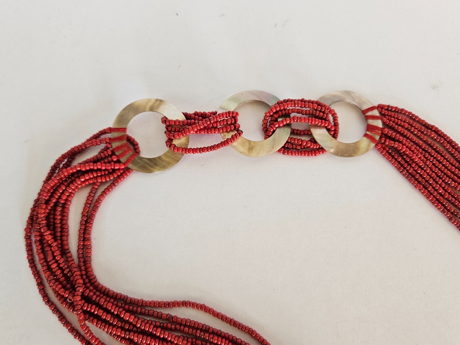 Vintage Seed Bead Multi Strand Wrap Around Necklace Red Shell