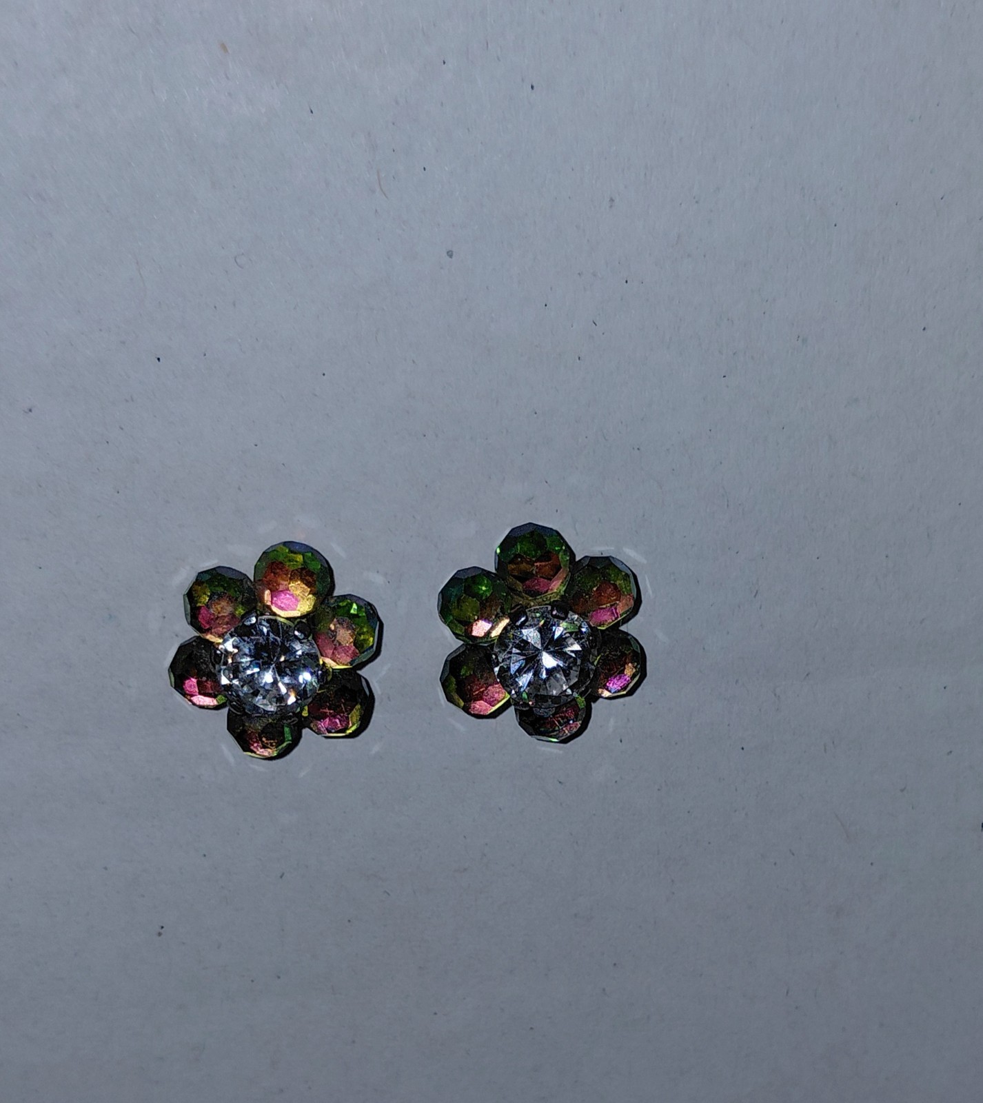 Flower-Shaped Stud Earrings with Aurora Borealis Crystal and Central Clear Stone