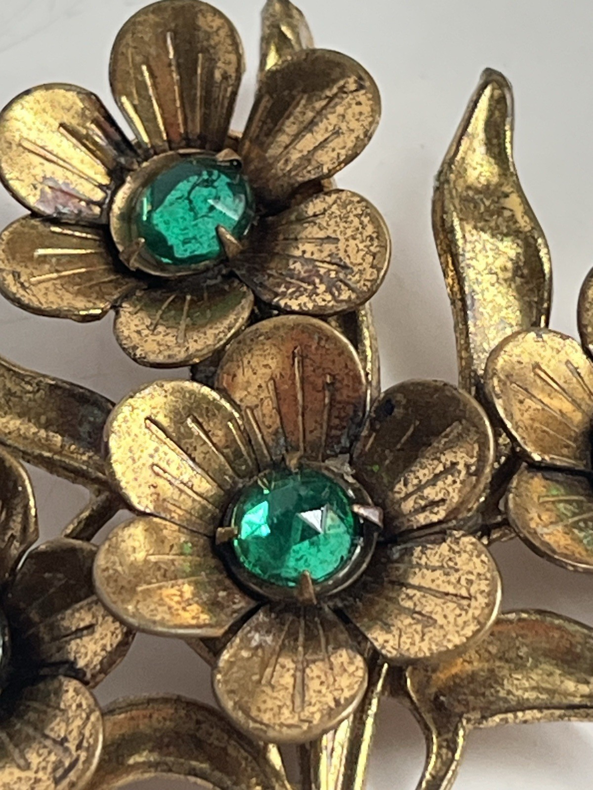 Vintage 1940’s Large Gold Tone Floral Sprig Brooch With Green Rhinestones