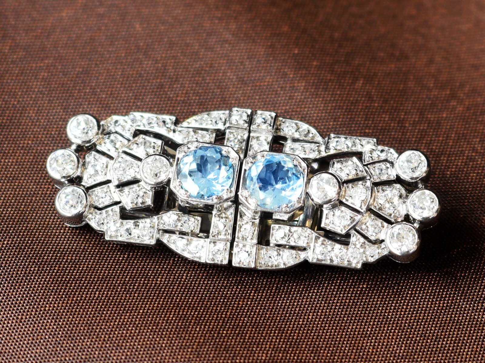 1.52Ct Aquamarine and 2.92Ct Diamond, 18k White Gold Double Clip Brooch