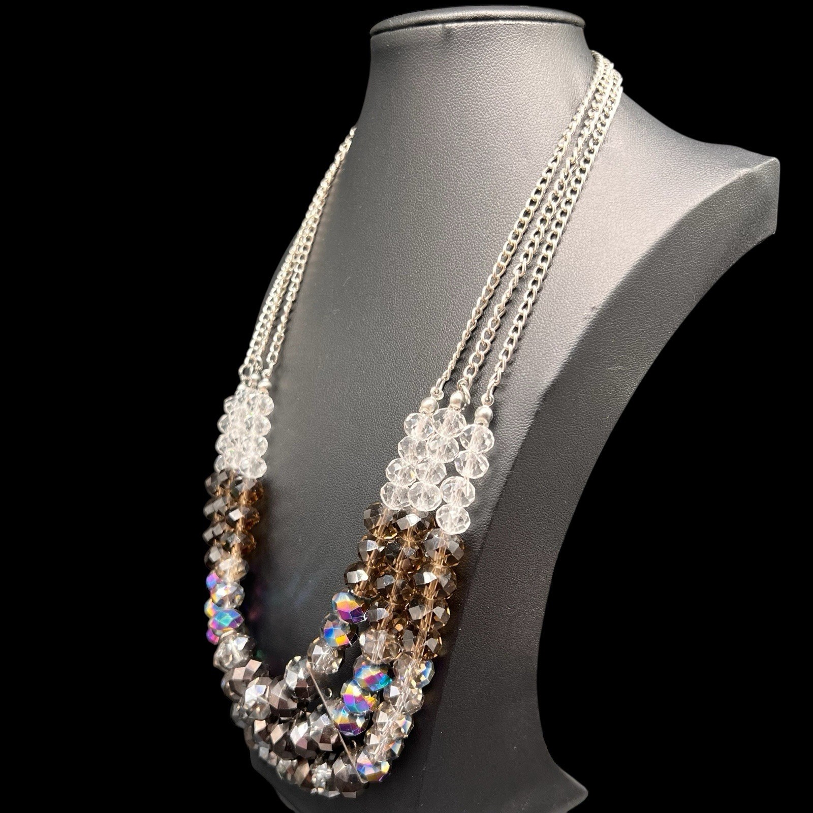 3 Strand Beaded Crystal Necklace Faceted AB Graduating Lustrous Brown Clear
