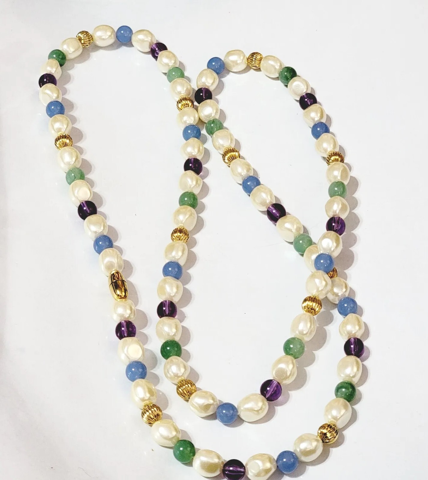 Pastel Long Beaded Necklace 34” Blue Purple Green Vintage Jewelry