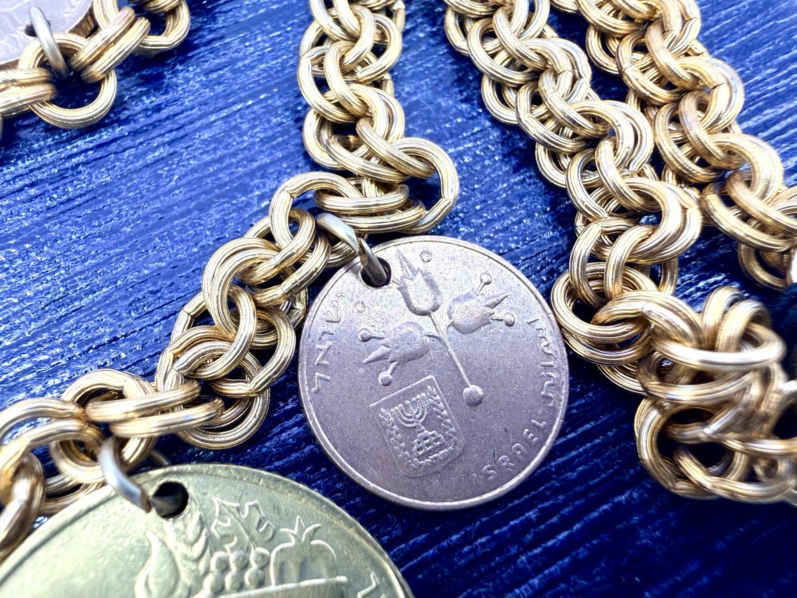 Vintage Coin Necklace Israel Bahamas Mixed Coins Charms 18” Gold Tone Chain HJ