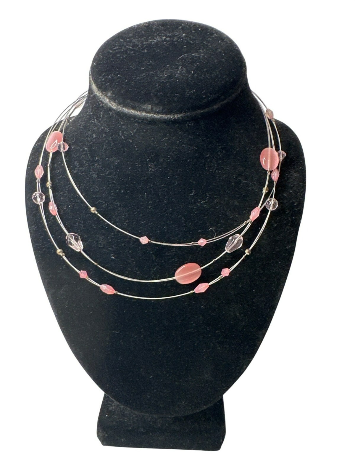 Multi Strand Pink Beaded Necklace Wire Wrap Romantic Layered Design Fairy Kei