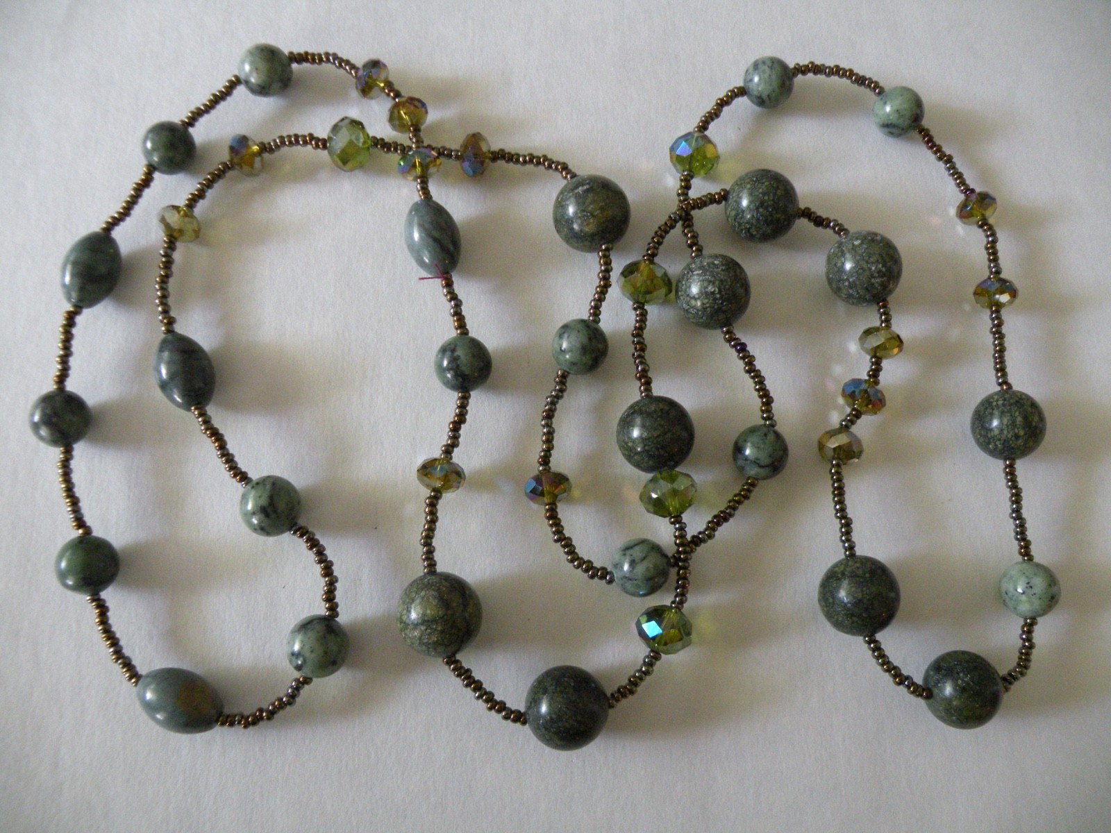 Marbled Green Nephrite Jade? Polished Gemstones Faceted AB Crystal Necklace 42″