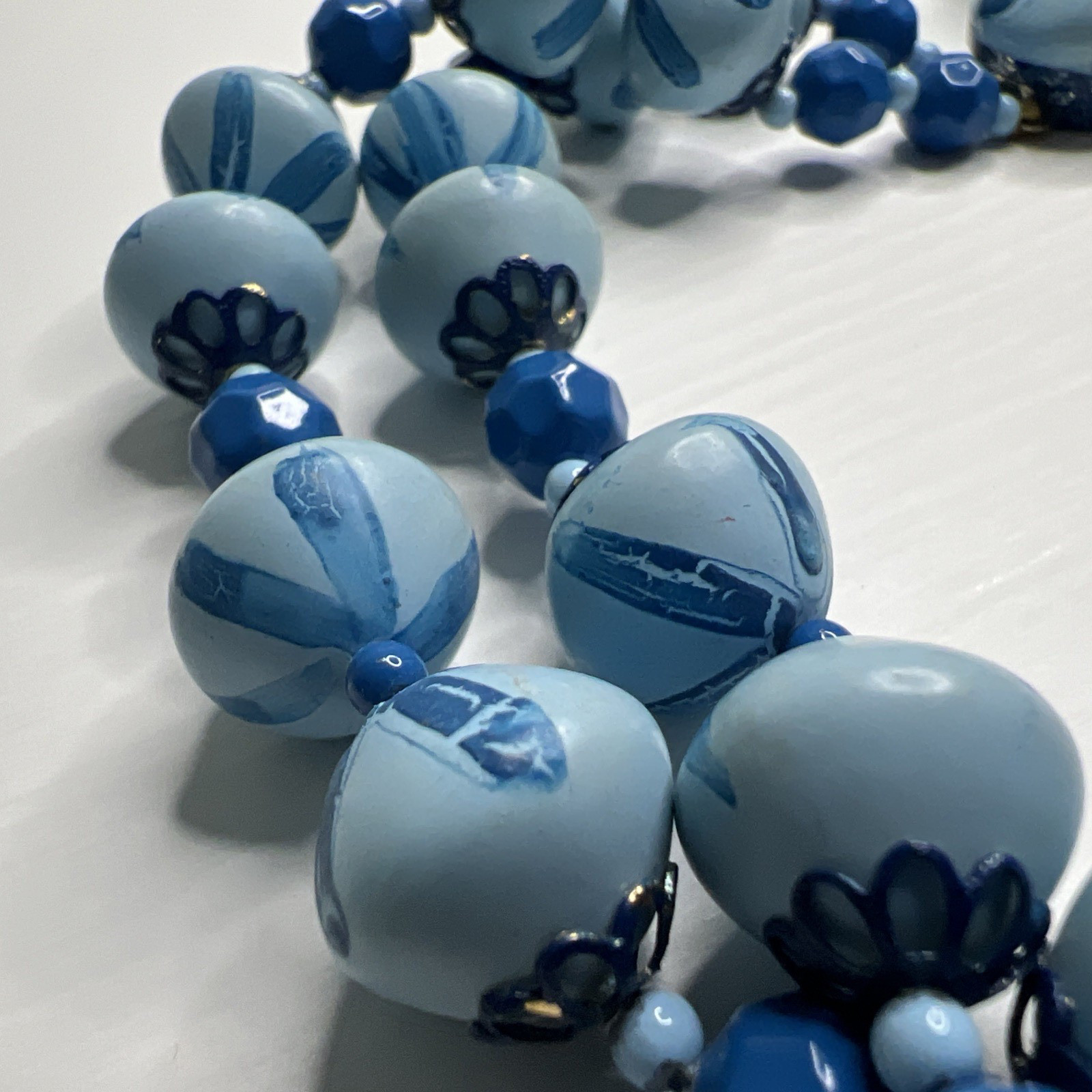 Hong Kong Blue Painted Bead Double Strand Necklace Box Tab Clasp