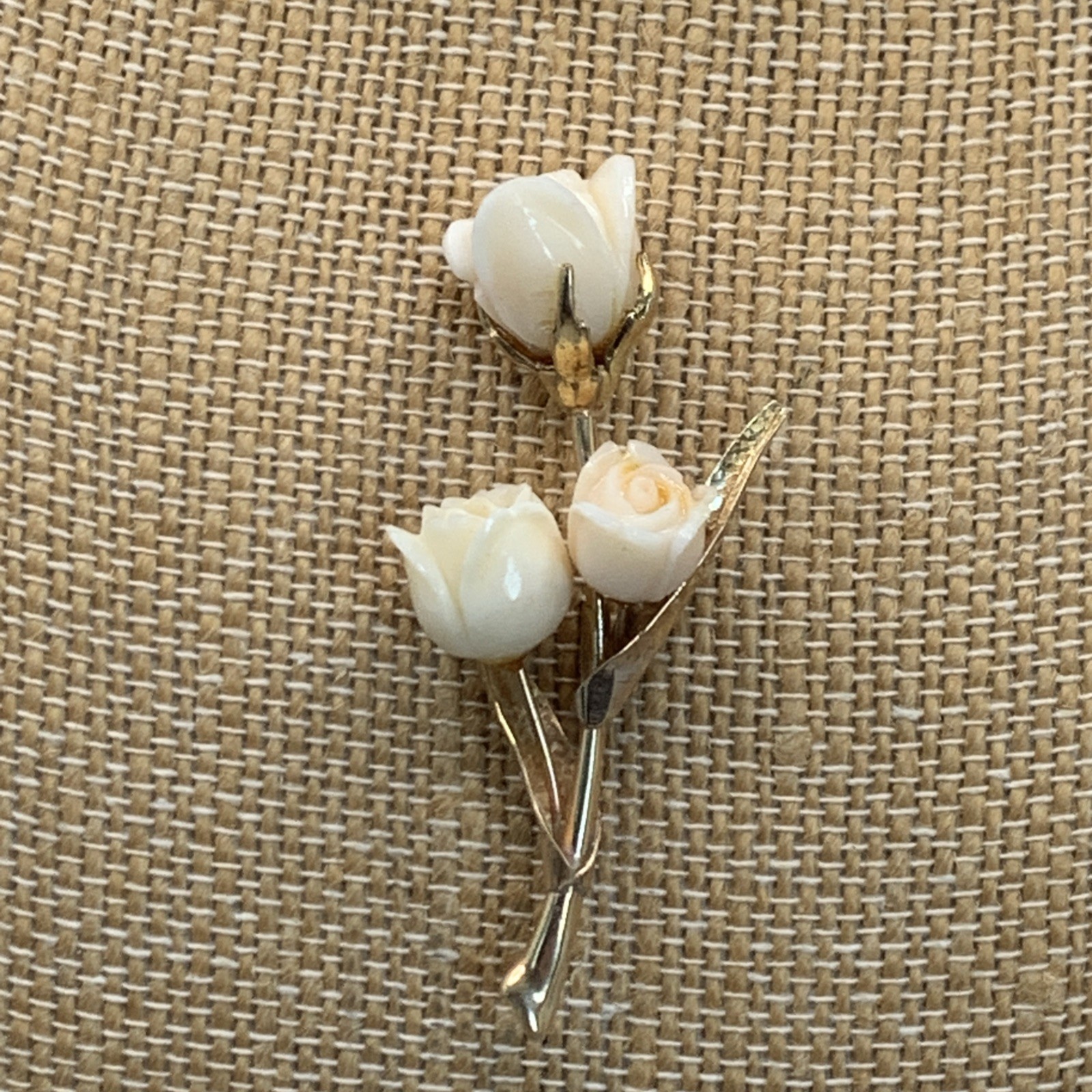 Vtg Masaniello 14k Gold & Carved Angel Skin Rose Pin Brooch. 11.38g, 2.4”x1.1”