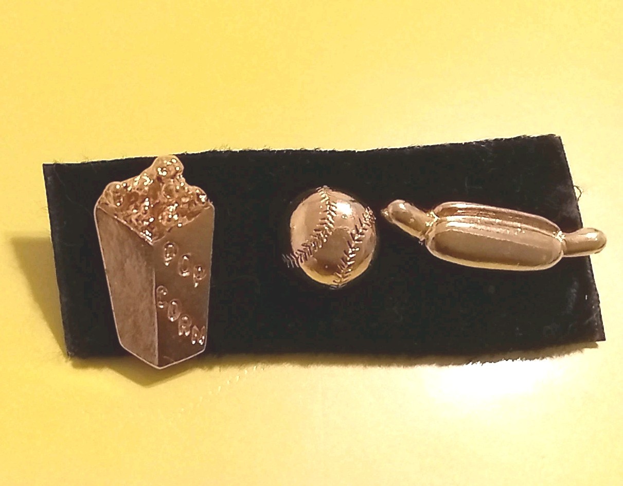 Gold-toned Baseball, Hot dog, and Popcorn Box Lapel Pins Sport Ballpark Snacks