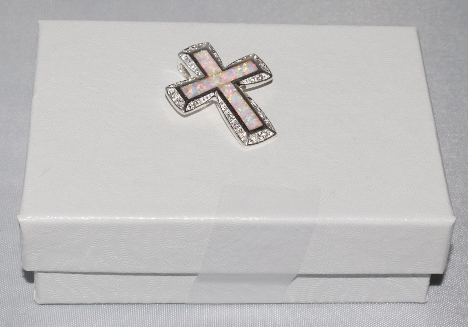 Vintage Sterling Silver Faux Opal Inlay Crystal Accent Cross Pendant Signed AK