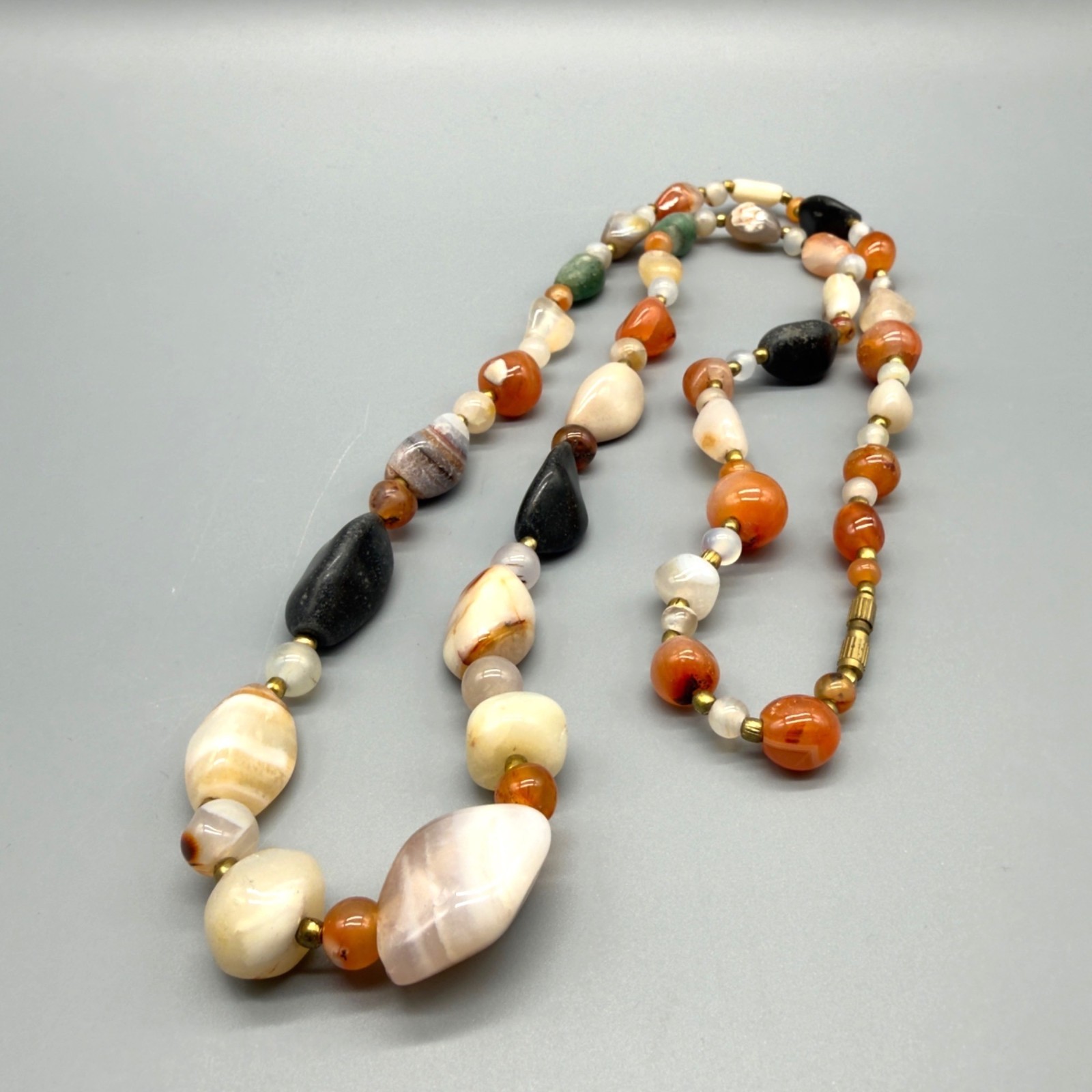 Vintage Beggars Bead Necklace Polished Stone Fall Colors Opera Length 32″
