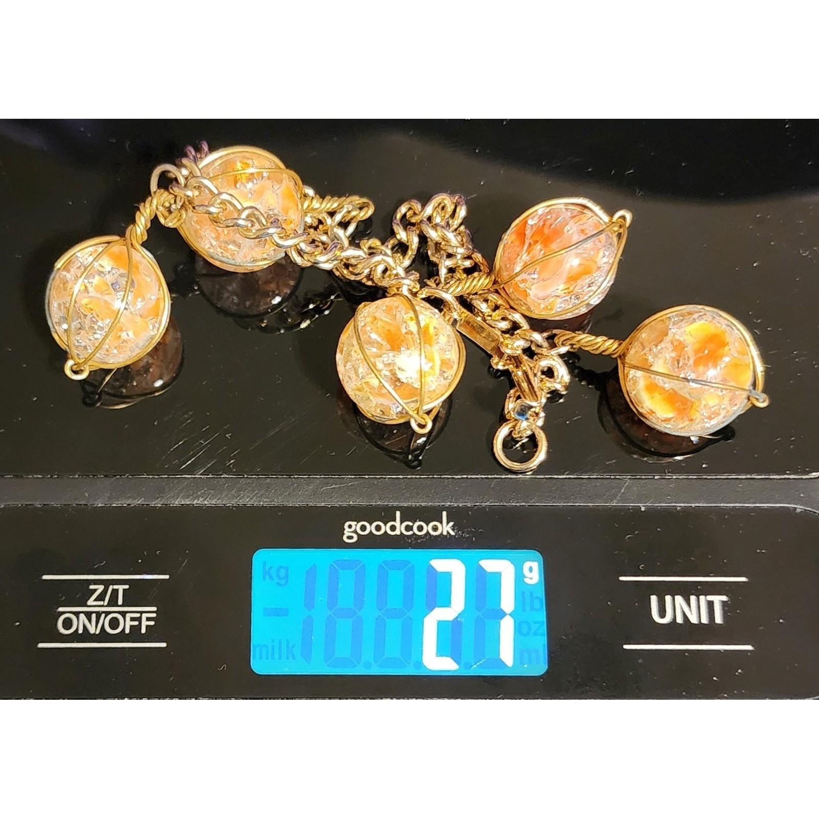 Orange Crackle Glass Orb Wire Wrapped Charm Bracelet Size 6.5