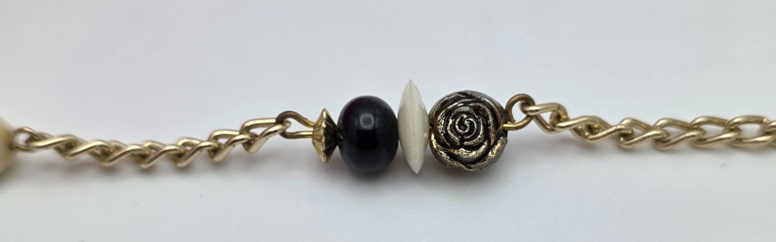 Vintage Lucite Beaded Necklace Cream Black Gold Tone 34 in Long Lightweight