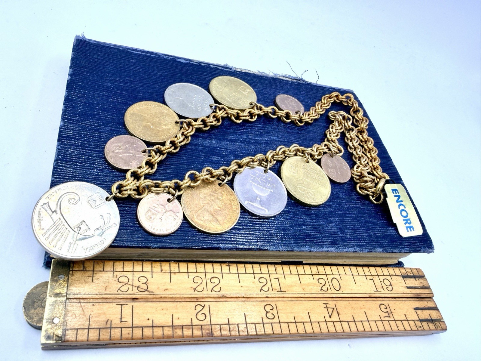Vintage Coin Necklace Israel Bahamas Mixed Coins Charms 18” Gold Tone Chain HJ