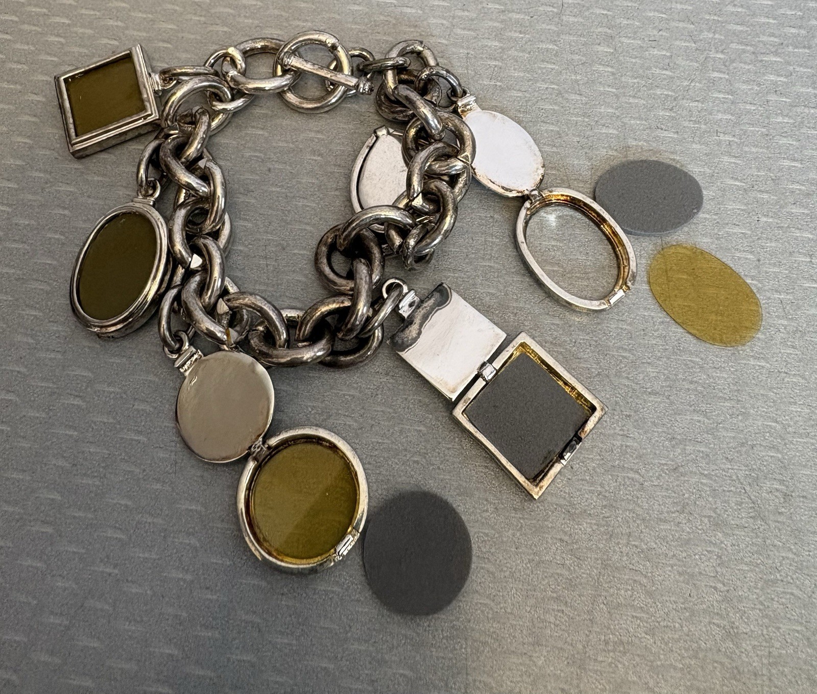 Vintage Photo Locket Charm Bracelet Silverplated Toggle 8” Heart Oval Square 6P