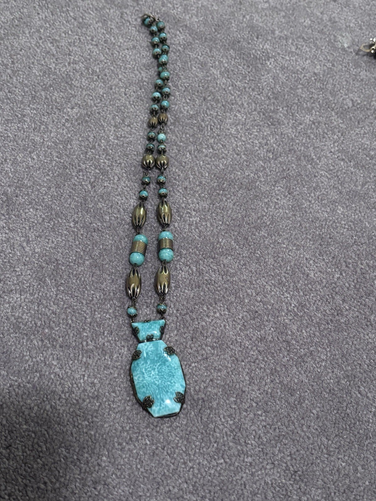 Gold Filled Clasp Stone Pendant Necklace Turquoise? Brass? Beads