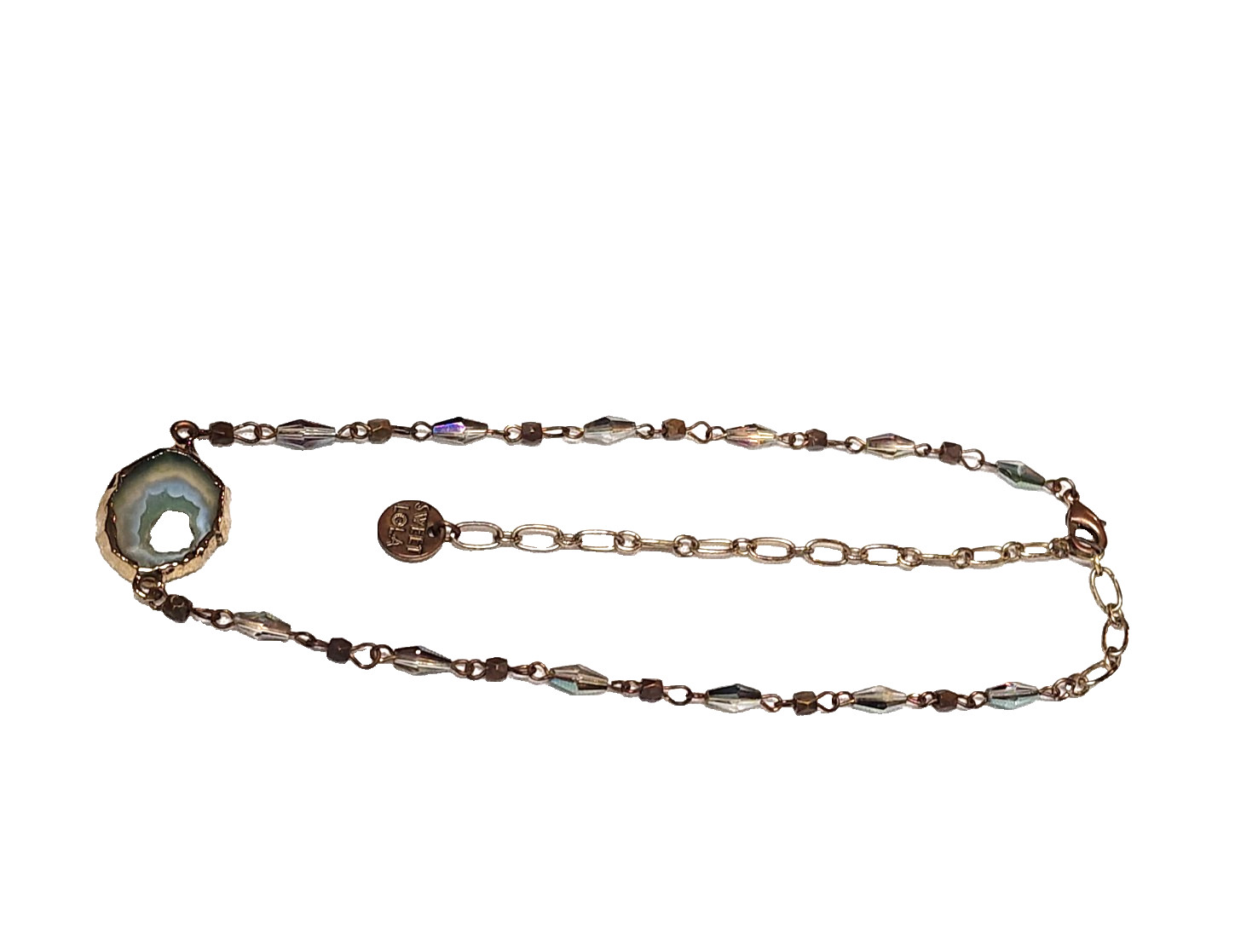 Vintage Sweet Lola Brass Blue Green Beaded Geode Pendant Necklace 17″ Choker