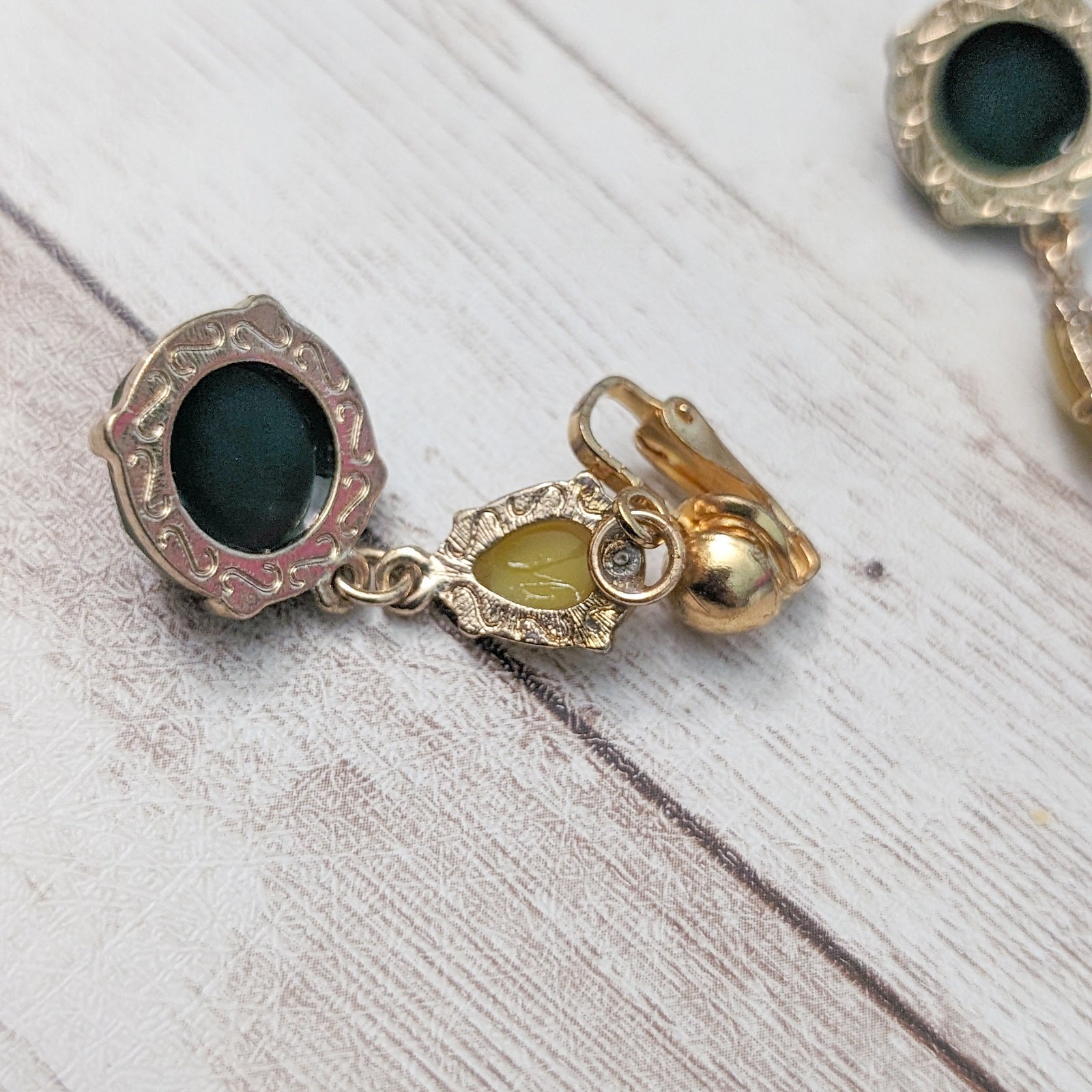 Vintage Clip On Earrings Dark Green and Dusky Yellow