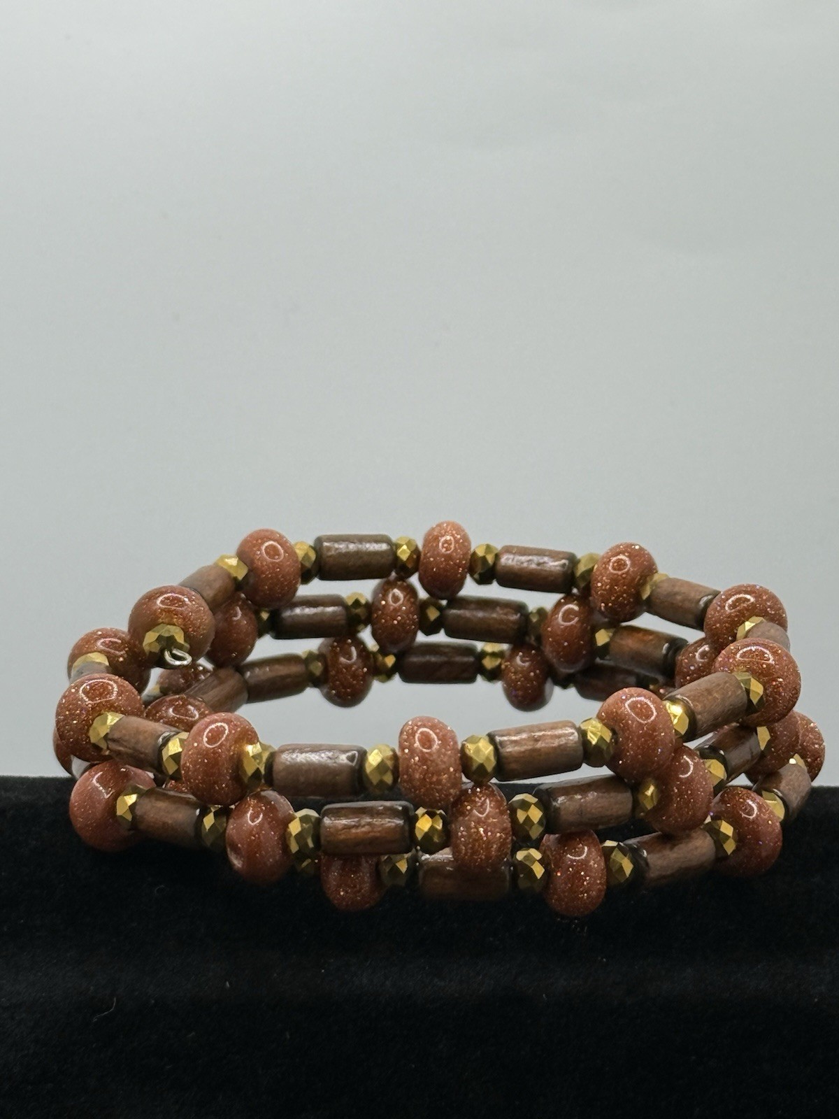 Vintage Bracelet Wood Goldstone Gemstone Wired Wrap Multi-strand Bohemian Boho