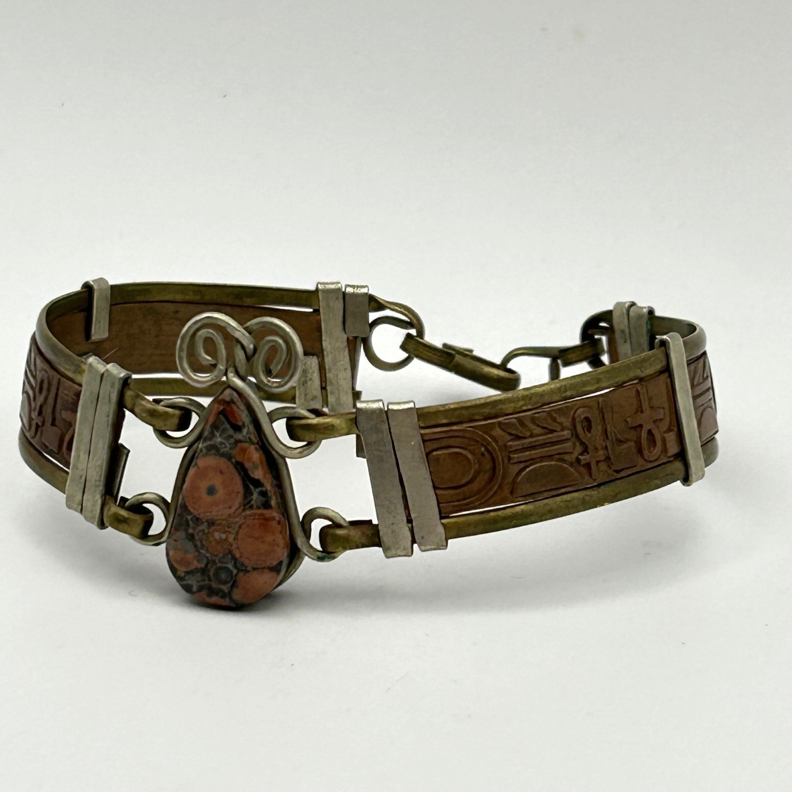 Leather Jasper Stone Bracelet Egyptian Revival Vintage Brass 6.75 in