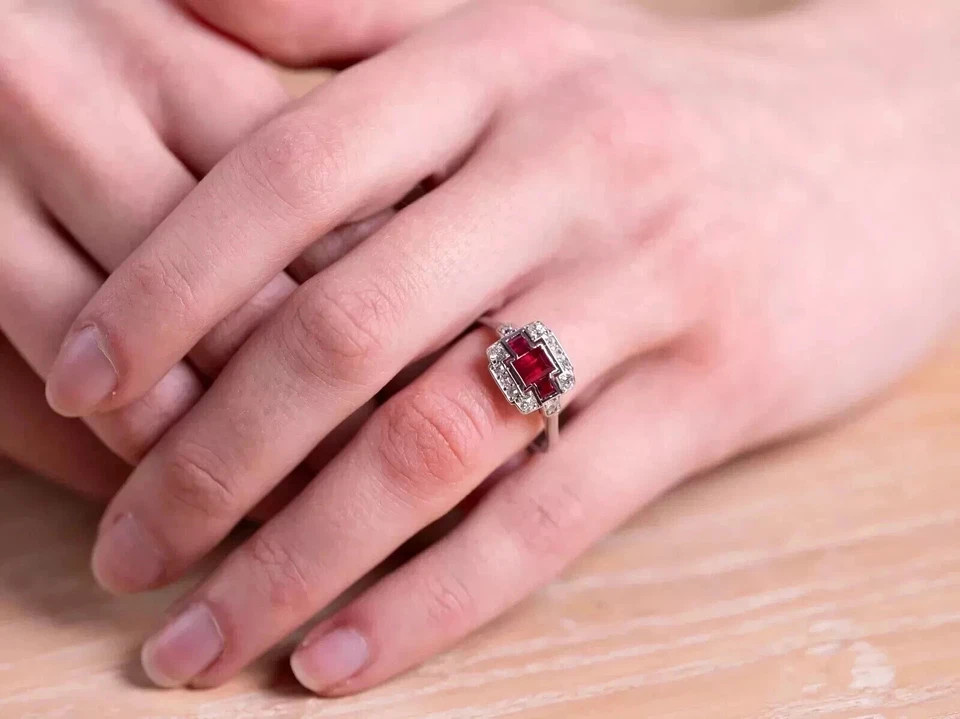 2.75Ct Art Deco Style Lab Created Ruby&Diamond Engagement 14K White Gold FN Ring