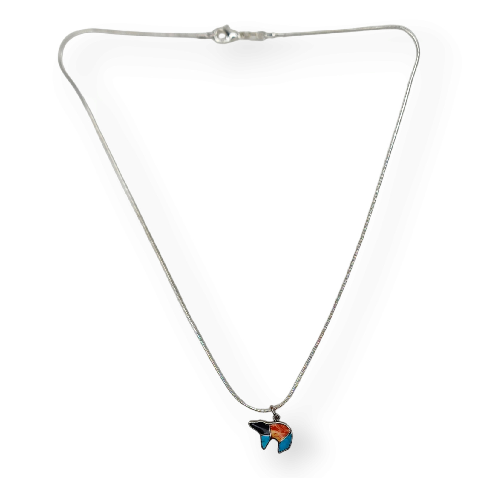 Vintage Sterling Silver 925 Bear Inlay Pendant with 18 Inch Snake Chain Necklace