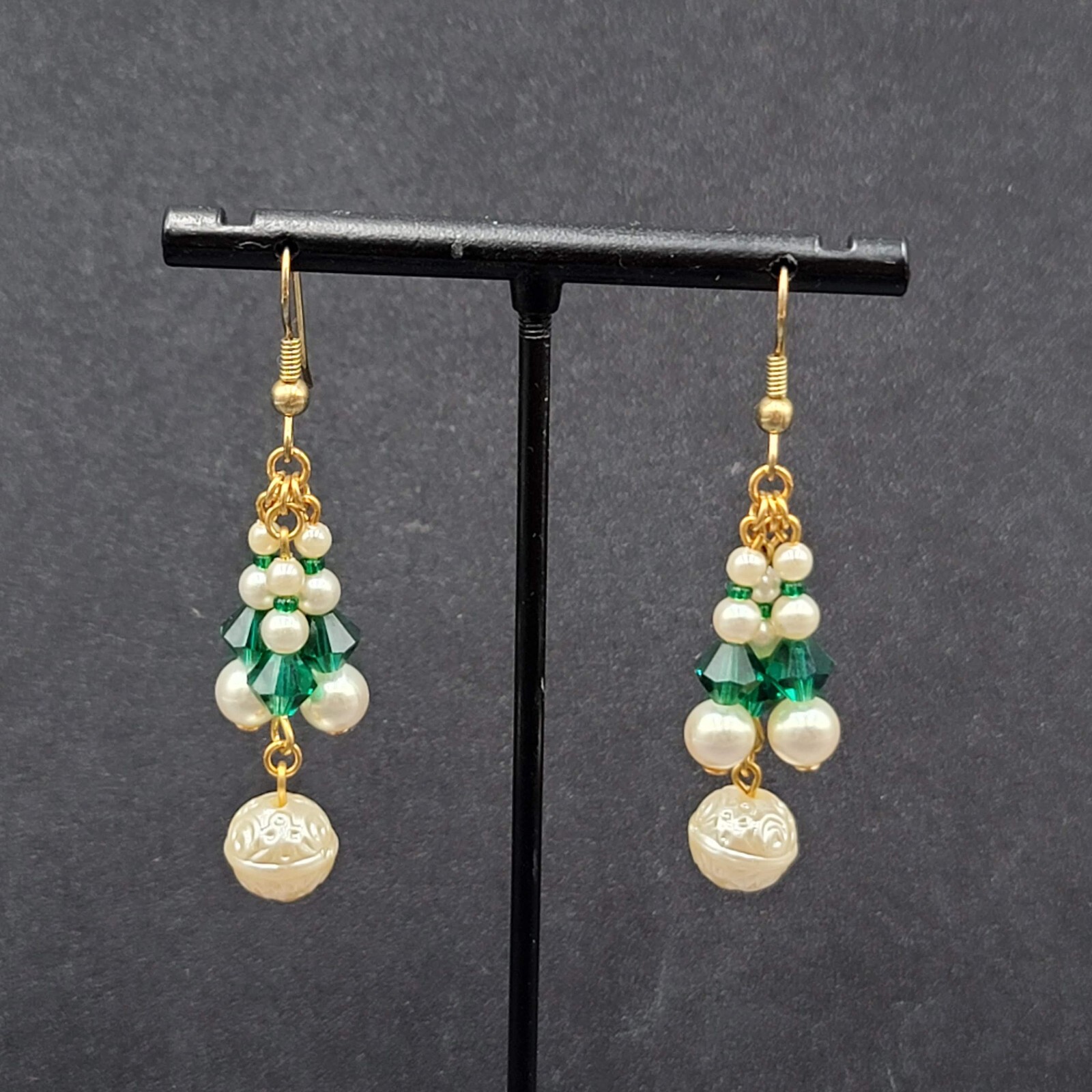 Vintage Pierced Earrings Faux Pearl Green Crystal Beads Dangle 1.5″
