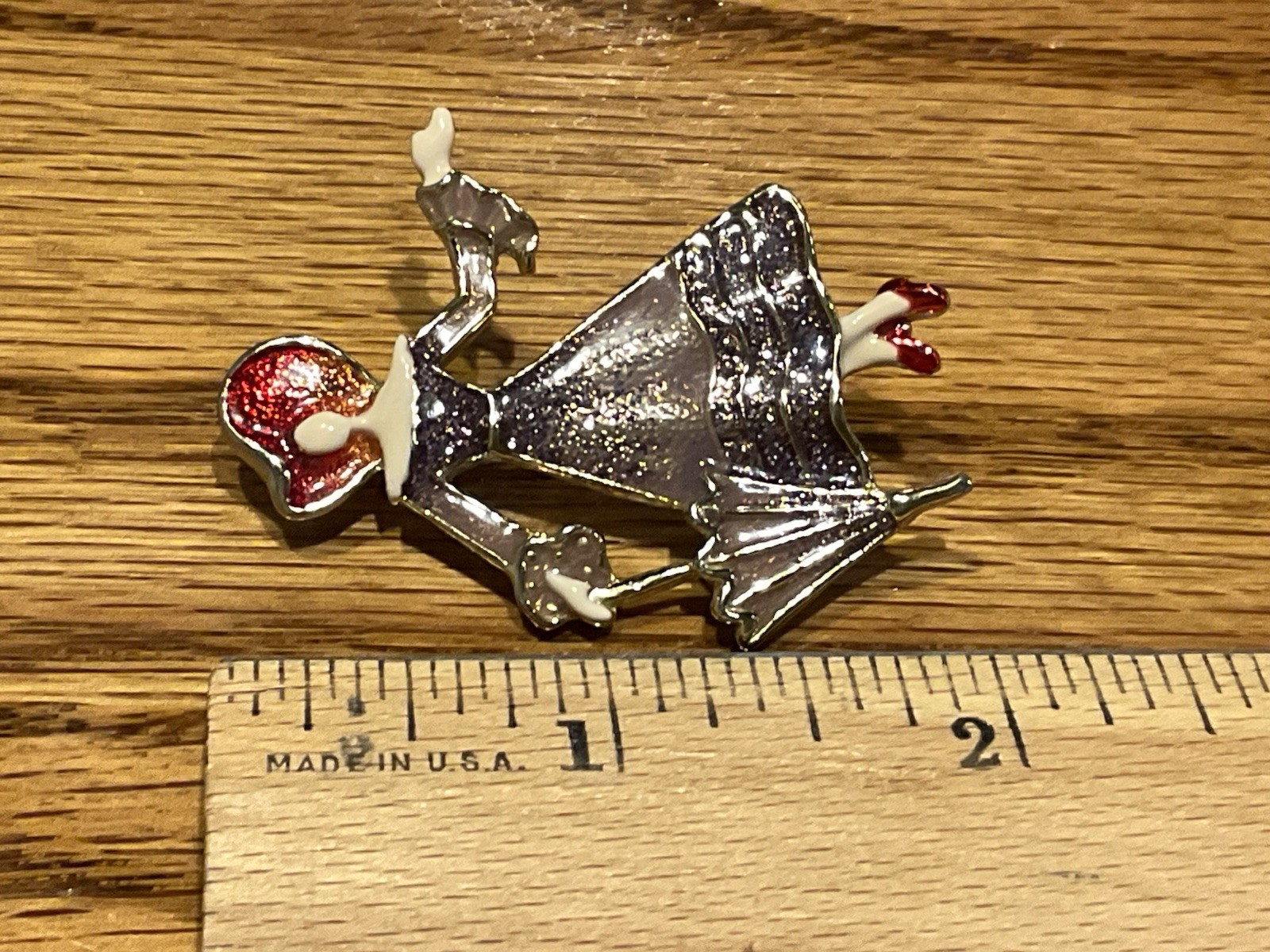 Vintage Lady in Dress Enamel Brooch/Pin w/Red Hat & Shoes, Umbrella – Gold Tone
