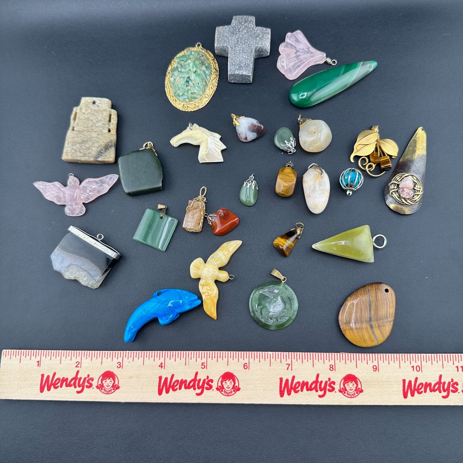 Vintage Gemstone Pendant Charm Lot Jade Quartz Agate Tigers Eye Jasper 25+