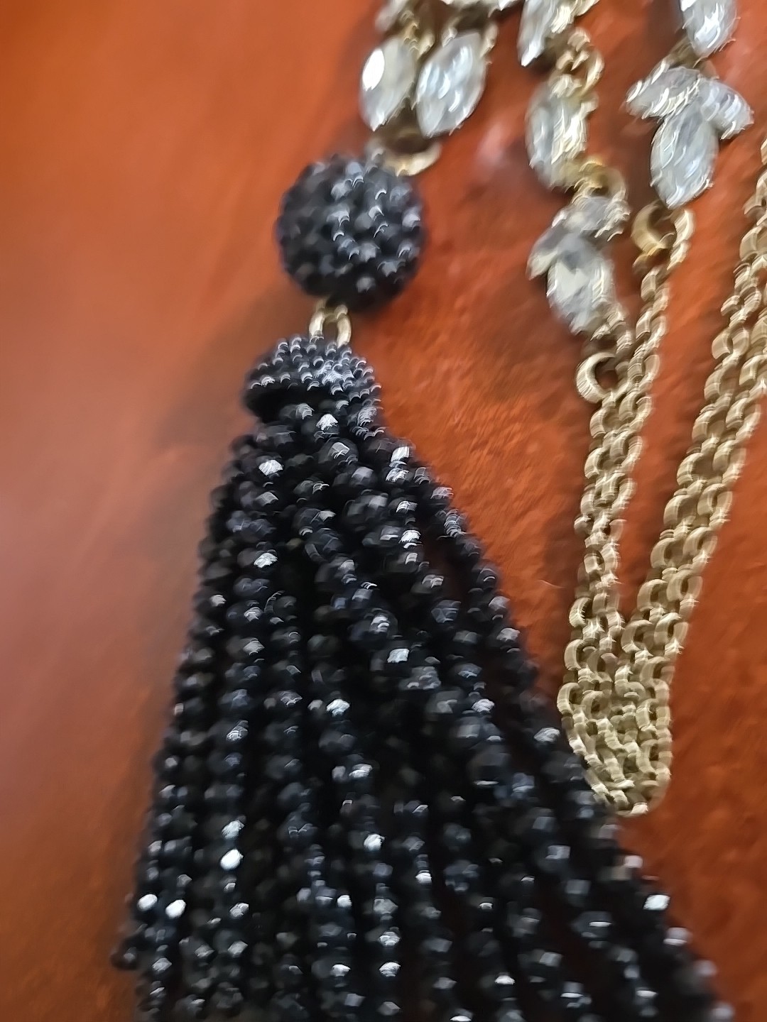 Vintage Sugarfix Necklace Boho Lariat Tassel Clear Rhinestones/Black Goth 36″