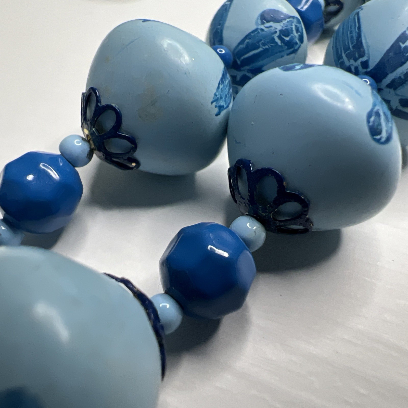 Hong Kong Blue Painted Bead Double Strand Necklace Box Tab Clasp
