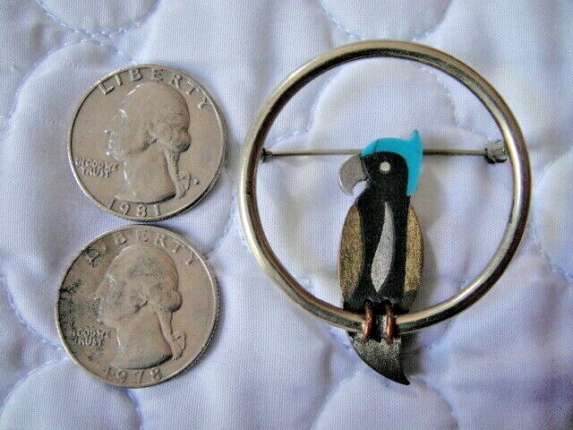 Vtg Taxco Sterling 925 AC Piedra Negra Tono Turquoise, brass Inlay bird Brooch